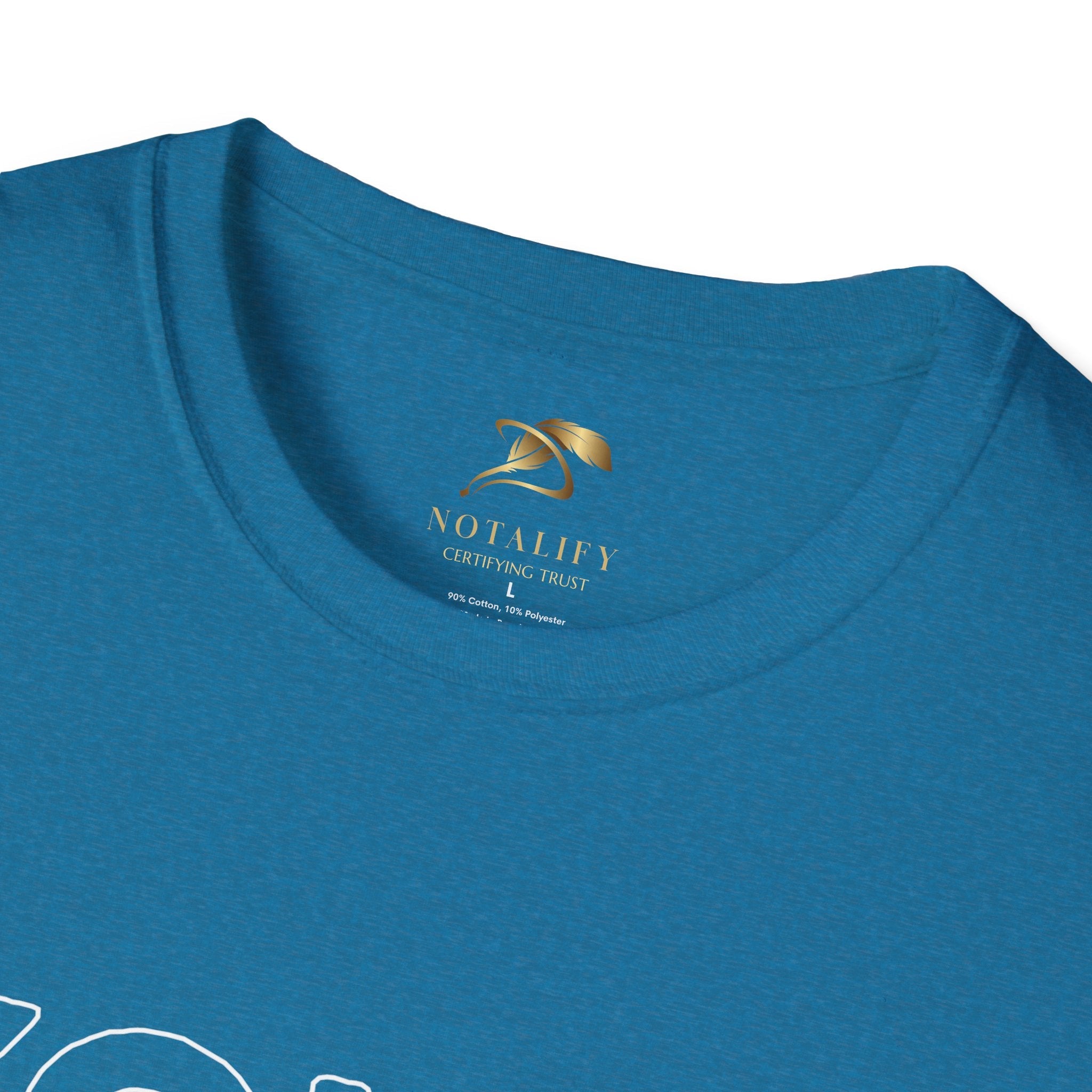 Close-up of blue Youth Day Unisex Softstyle T-Shirt with crew neckline and printed label inside collar.