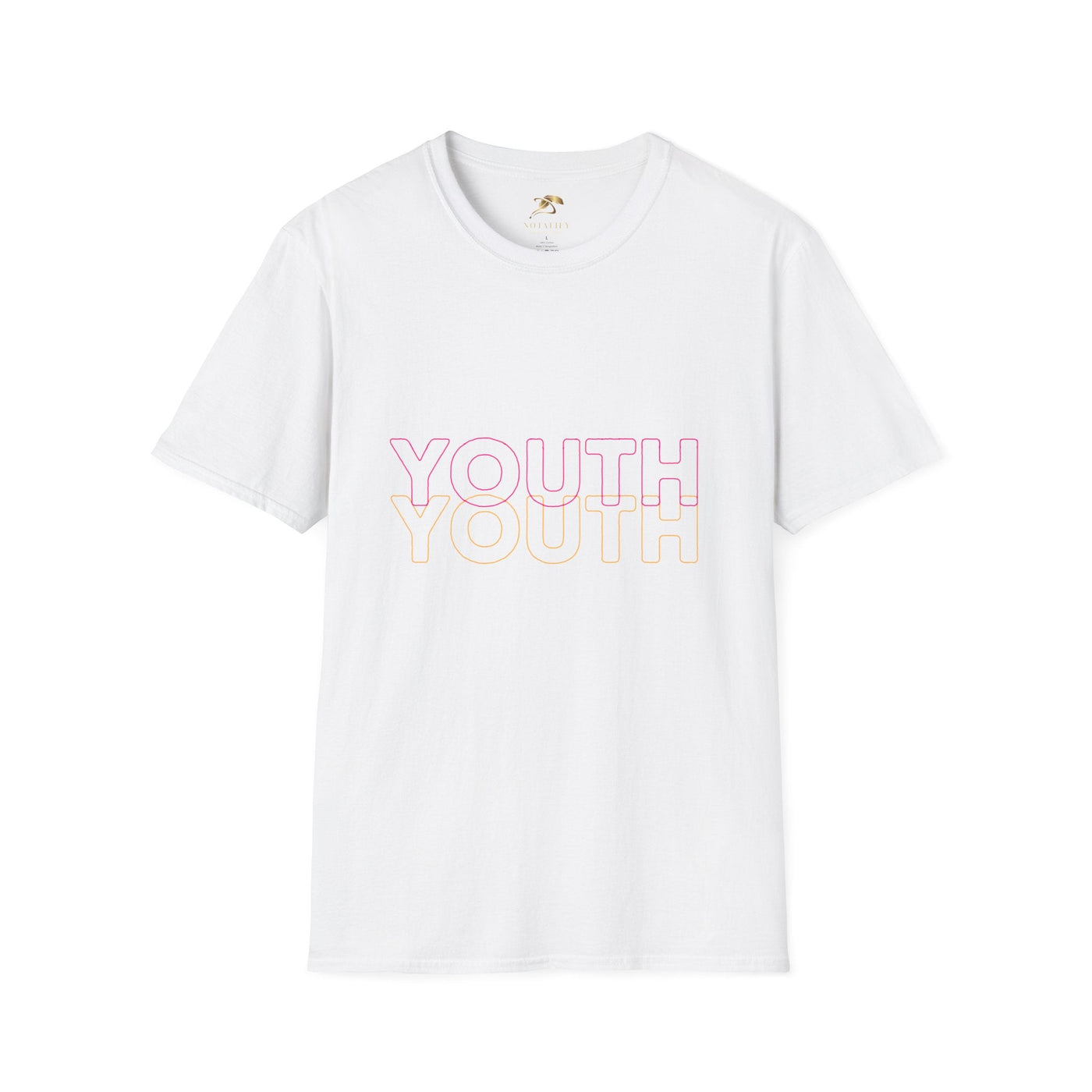 White Youth Day Unisex Softstyle T-Shirt with colorful "YOUTH" text, classic fit crewneck design, made of 100% ring-spun cotton, ideal for International Youth Day celebrations