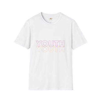 White Youth Day Unisex Softstyle T-Shirt with colorful "YOUTH" text, classic fit crewneck design, made of 100% ring-spun cotton, ideal for International Youth Day celebrations