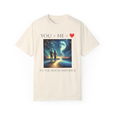Moon and Back Unisex T-shirt with romantic celestial design, ideal astronomy gift.