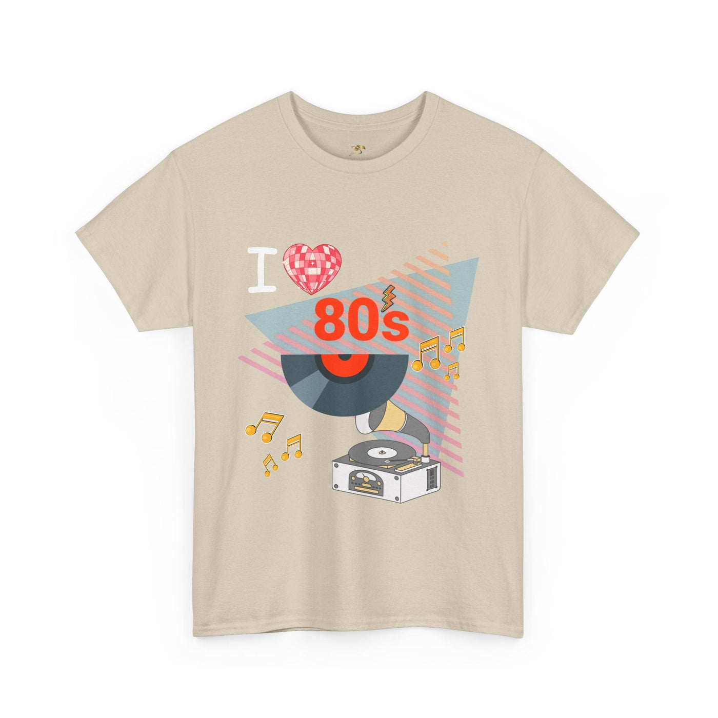 Unisex beige 80's Music Lover T-Shirt with retro vinyl record and music notes graphic design