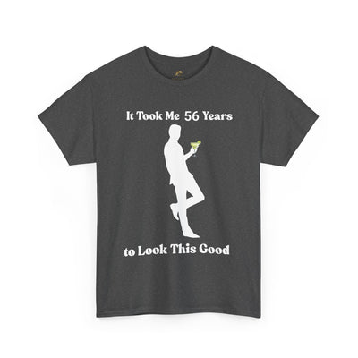 Funny birthday t-shirt with "It Took Me Years to Look This Good" slogan and a silhouette holding a margarita, perfect for sarcastic style lovers.