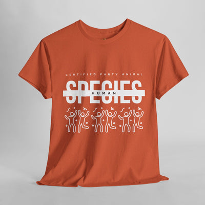 Certified Party Animal T-Shirt with "Species: Human" text and dancing figures illustration.