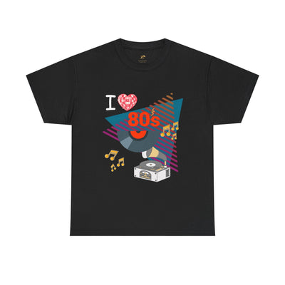 Black 80's Music Lover T-Shirt with retro vinyl record and cassette tape graphic