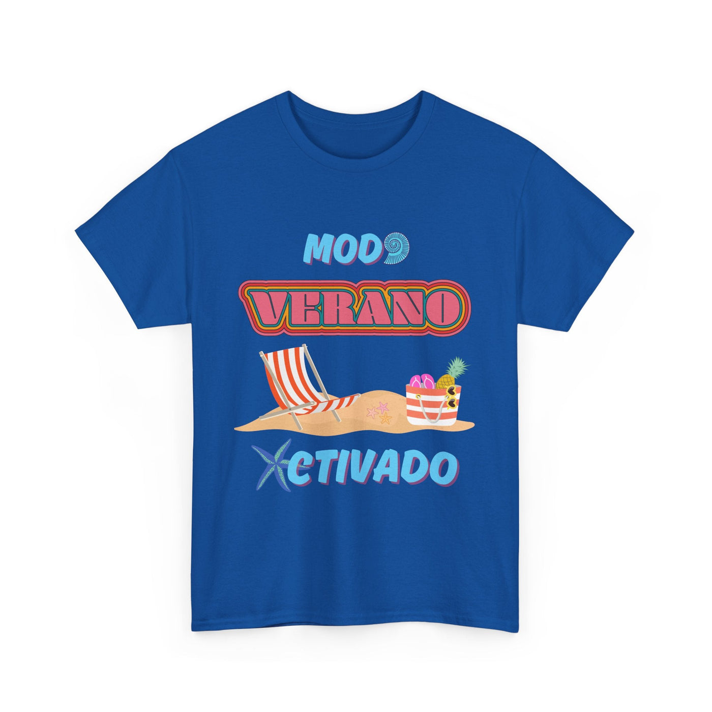 Unisex blue t-shirt with "Modo Verano Activado" and beach-themed graphics, perfect for summer vibes.
