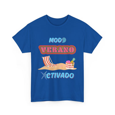Unisex blue t-shirt with "Modo Verano Activado" and beach-themed graphics, perfect for summer vibes.