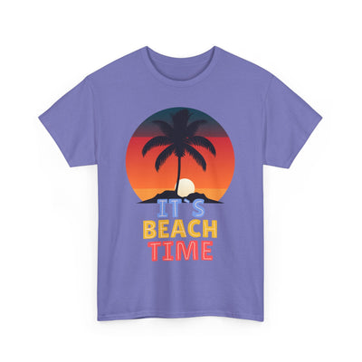 Unisex "It’s Beach Time" summer 2025 t-shirt with tropical sunset graphic, perfect for vacation vibes.