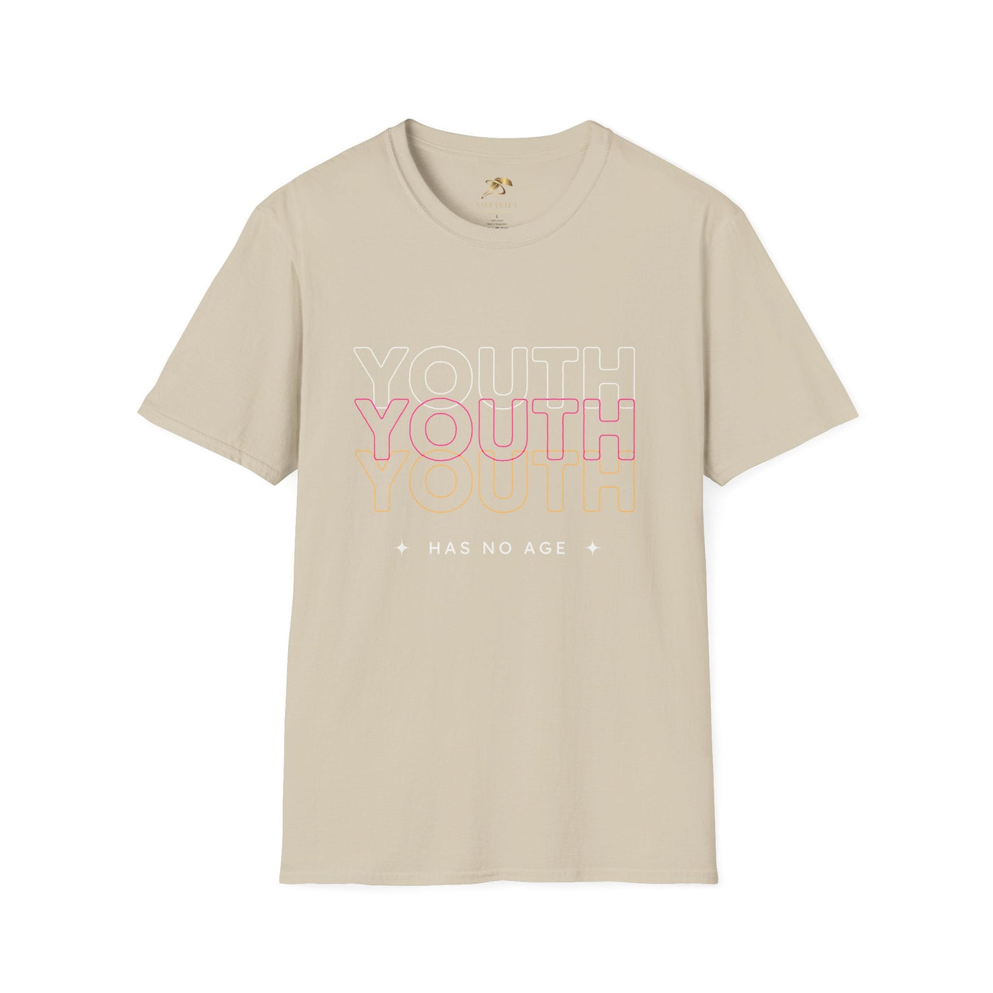 Beige Youth Day Unisex Softstyle T-Shirt with "YOUTH HAS NO AGE" text design, classic fit, and crew neckline.
