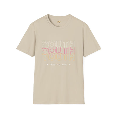 Beige Youth Day Unisex Softstyle T-Shirt with "YOUTH HAS NO AGE" text design, classic fit, and crew neckline.