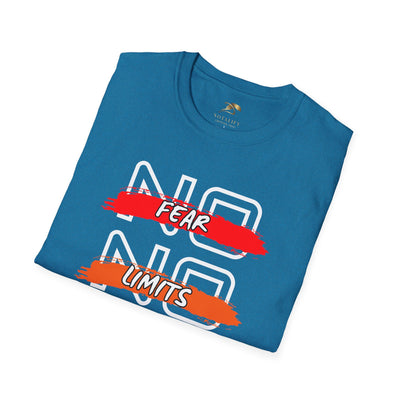 Blue unisex t-shirt with "No Fear No Limits" motivational graphic design in red and orange brush strokes
