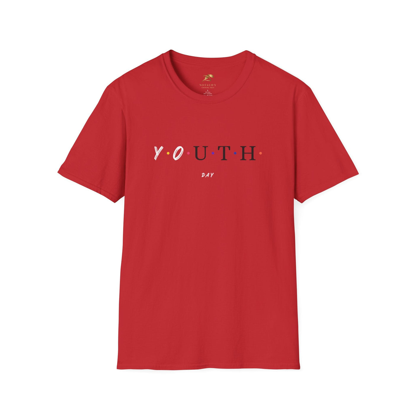 Red unisex Youth Day Celebration t-shirt with colorful dot letters and classic crew neck design.