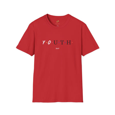 Red unisex Youth Day Celebration t-shirt with colorful dot letters and classic crew neck design.