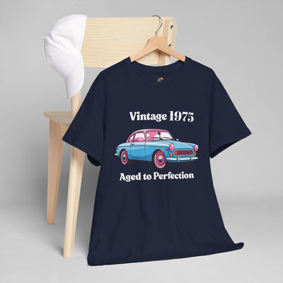 Vintage Aged to Perfection t-shirt with retro car graphic and humorous slogan, perfect for car enthusiasts and birthday gifts.