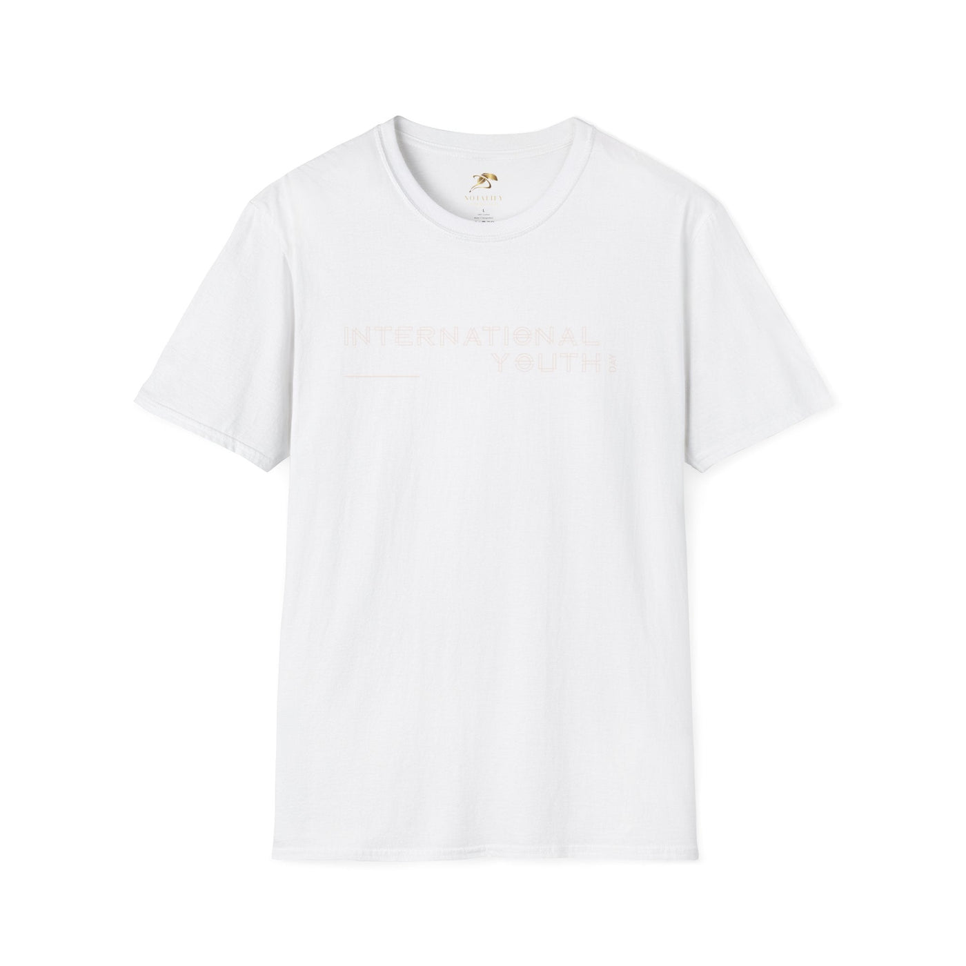 White unisex softstyle t-shirt with International Youth Day text, 100% cotton, classic crew neck, lightweight and durable design.