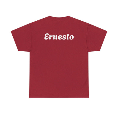 Funny Spanish Dad Beer Shirt featuring text "Ernesto" on red background, perfect Father's Day gift for Latino dads.