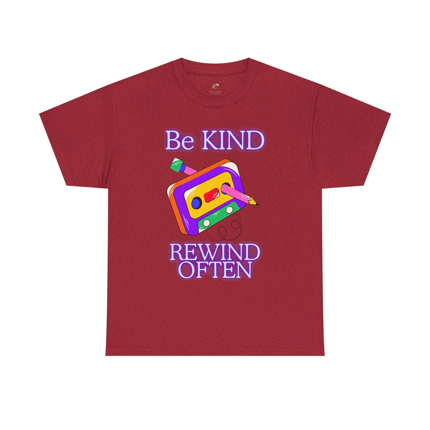 Retro unisex t-shirt with "Be Kind, Rewind Often" message, featuring a cassette tape design for 90s nostalgia.