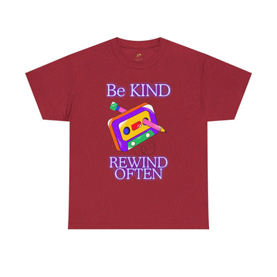 Retro unisex t-shirt with "Be Kind, Rewind Often" message, featuring a cassette tape design for 90s nostalgia.