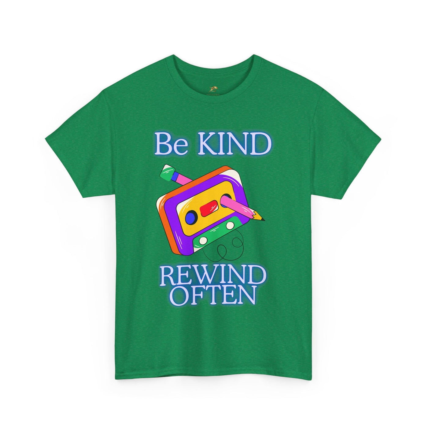 Retro green T-shirt with "Be Kind, Rewind Often" design featuring a colorful cassette tape, 90s nostalgia vibe.