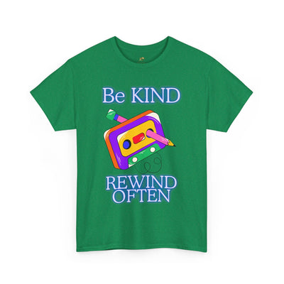Retro green T-shirt with "Be Kind, Rewind Often" design featuring a colorful cassette tape, 90s nostalgia vibe.