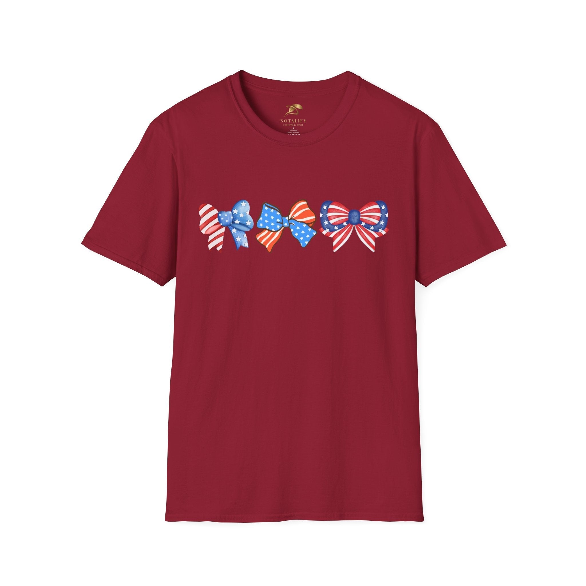 Unisex Coquette Patriotic T-Shirt with red, white, and blue bows, ideal for 4th of July celebrations.