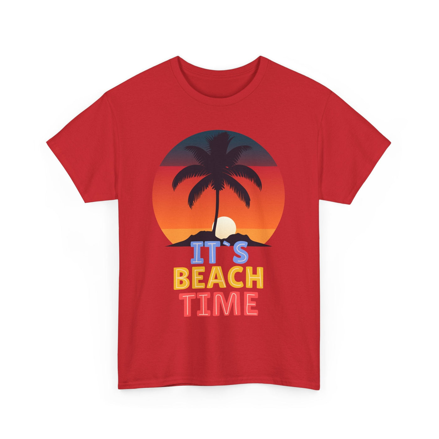 Beach Time Summer 2025 T-Shirt with palm tree graphic and sunset background.