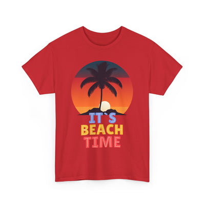 Beach Time Summer 2025 T-Shirt with palm tree graphic and sunset background.