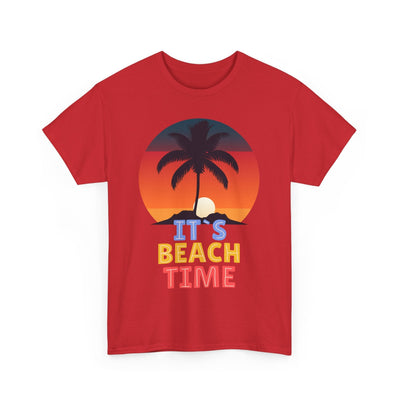 Unisex t-shirt with "It's Beach Time" graphic featuring a sunset, palm tree, and tropical icons, perfect for Summer 2025 beach vibes.