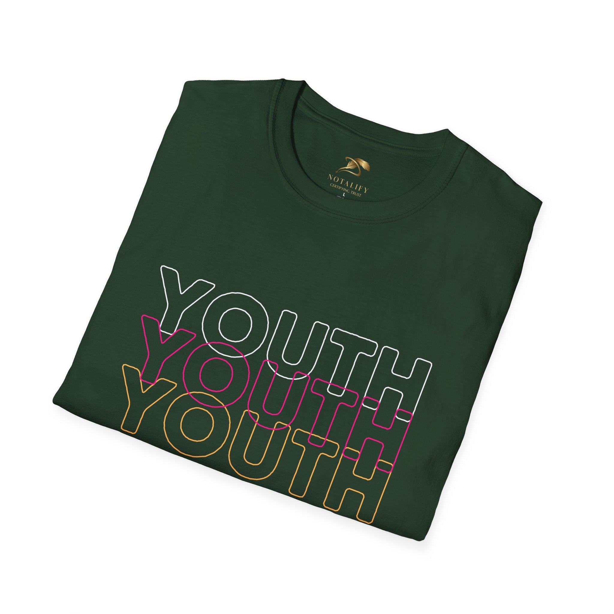 Youth Day Unisex Softstyle T-Shirt with colorful Youth text design, classic fit, and crew neckline in dark green cotton.