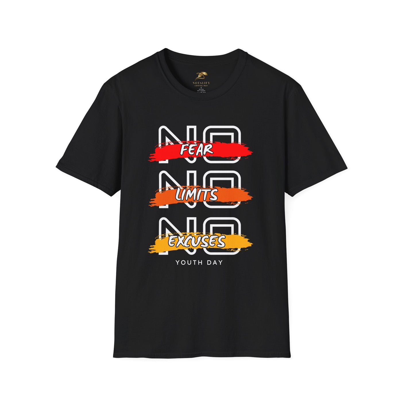 Black unisex youth day t-shirt with No Fear No Limits No Excuses motivational graphic design
