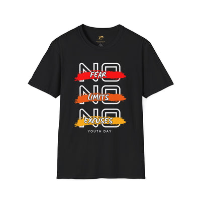 Black unisex youth day t-shirt with No Fear No Limits No Excuses motivational graphic design