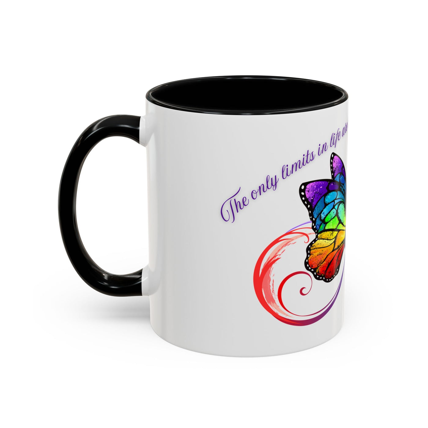 Inspirational butterfly coffee mug with vibrant colors, featuring an inspirational quote, perfect for motivation and self-care.