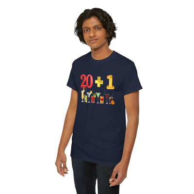 21st Birthday T-Shirt featuring "20 + 1" design with cocktail graphics, perfect for celebrations.