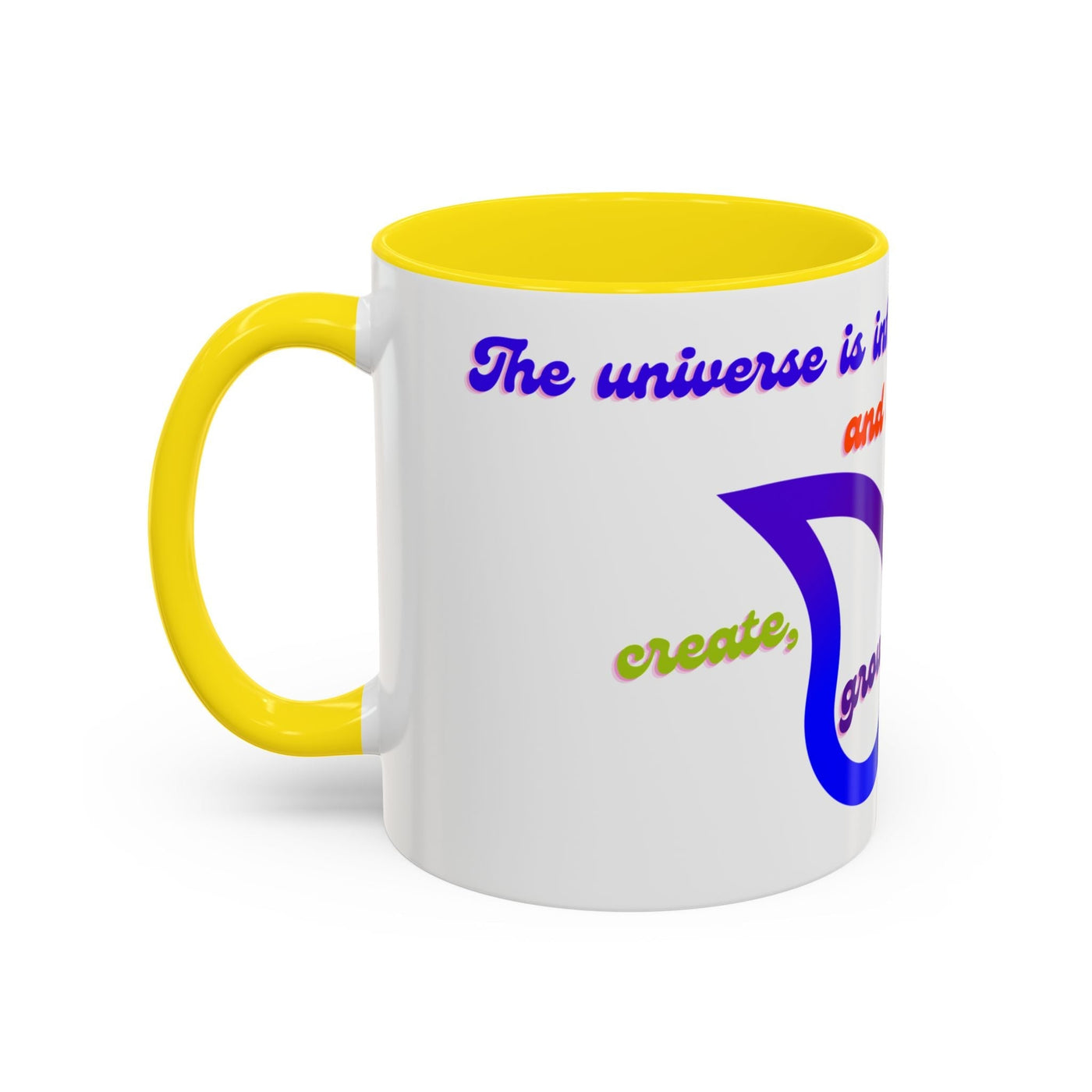 Infinity Butterfly Mug with vibrant colors, motivational universe theme, available in 11oz and 15oz sizes, yellow interior and handle.