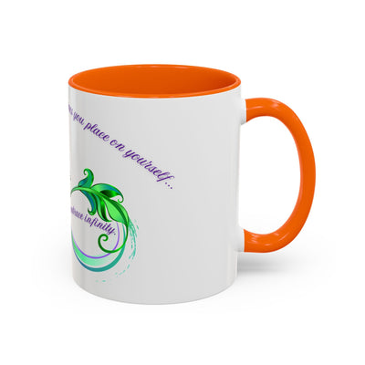 Inspirational butterfly coffee mug with embrace infinity design and orange accents.