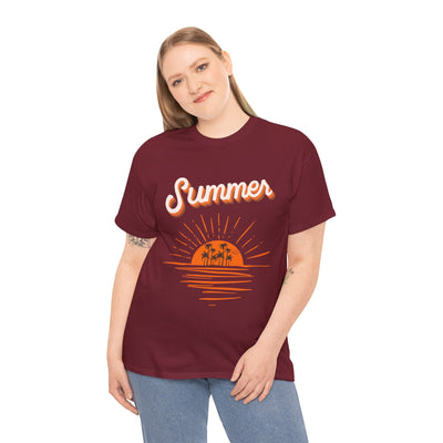 Unisex Summer 2025 Sunset T-Shirt with vintage sun and palm tree design.