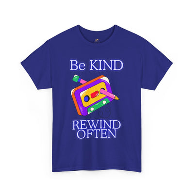 Retro vibe unisex graphic tee with "Be Kind, Rewind Often" design, featuring a colorful cassette graphic, perfect for 90s nostalgia lovers.