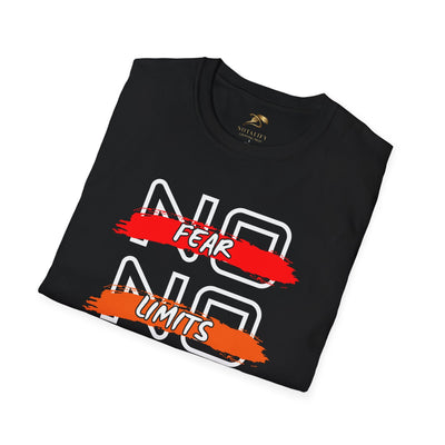 Black unisex t-shirt with "No Fear No Limits" motivational graphic in red and orange brush strokes.