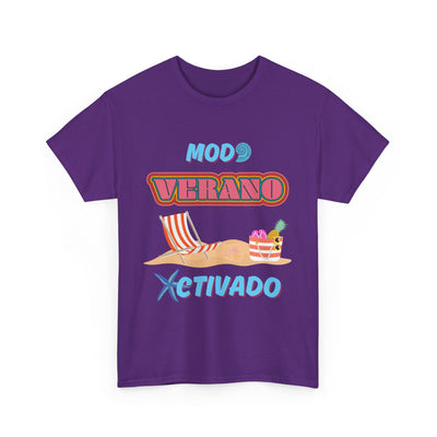 Unisex T-shirt with "Modo Verano Activado" design featuring retro fonts, beach scene, tropical accents, and Latin summer vibes.