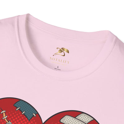 Unisex t-shirt with a patched heart design, perfect for couples on Valentine's Day.