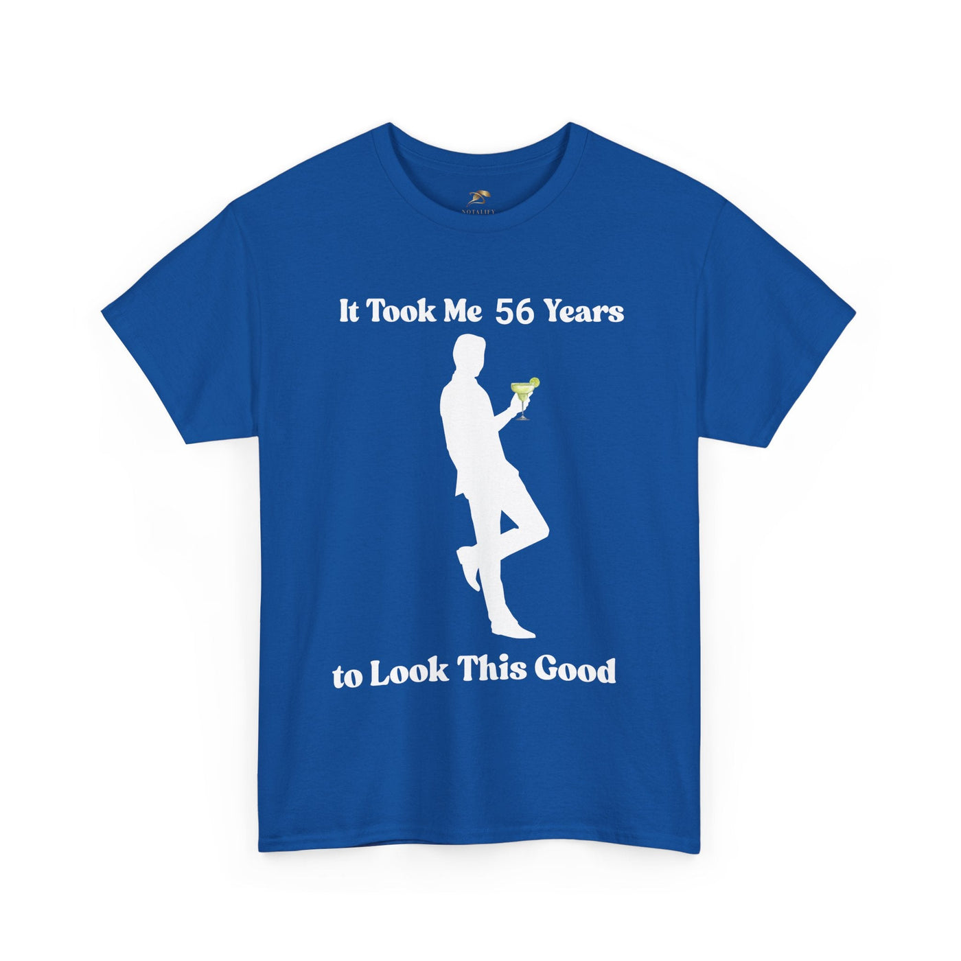 Funny "It Took Me 56 Years to Look This Good" T-shirt with silhouette and margarita graphic.