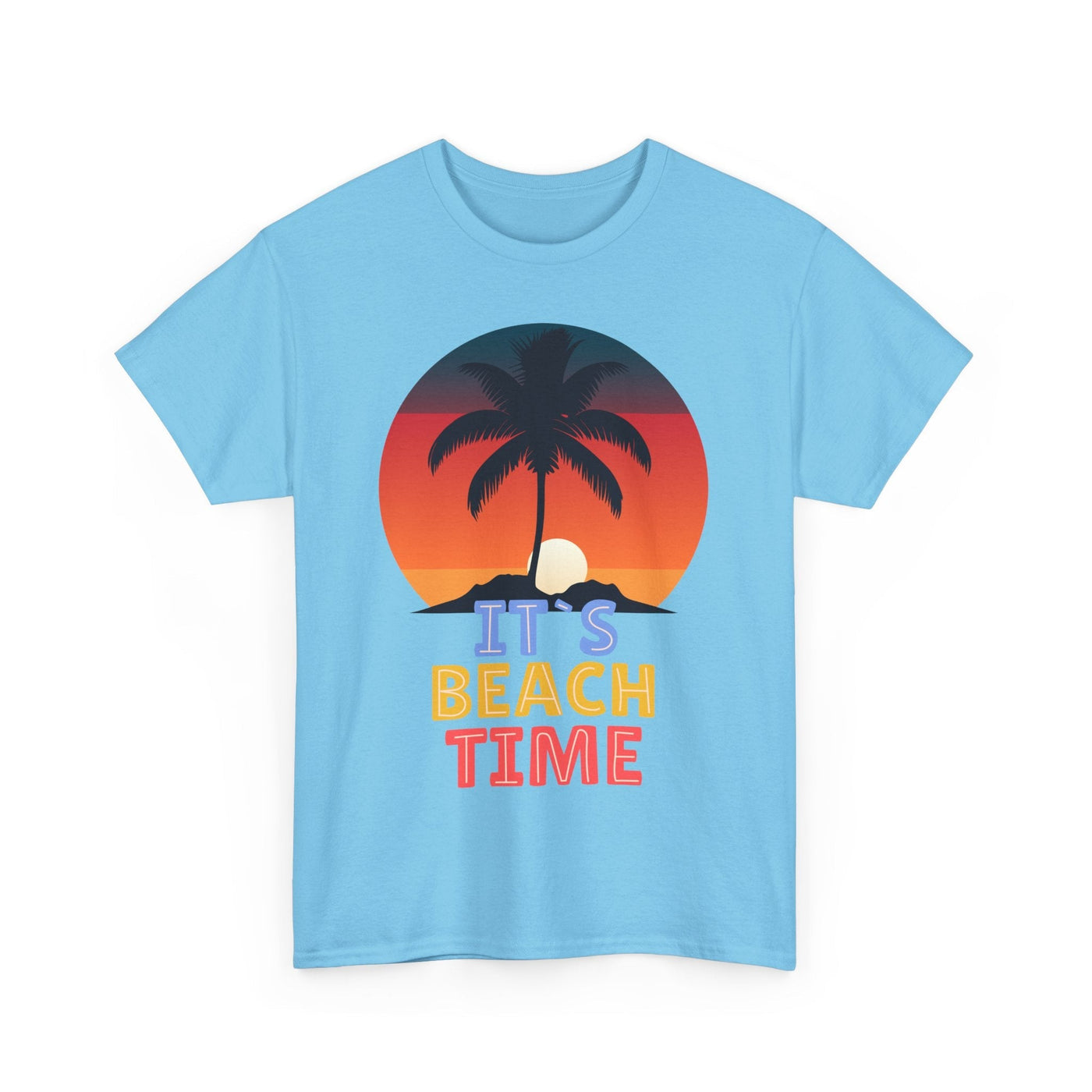 Beach Time Summer 2025 T-Shirt with palm tree and sunset graphic, unisex fit.