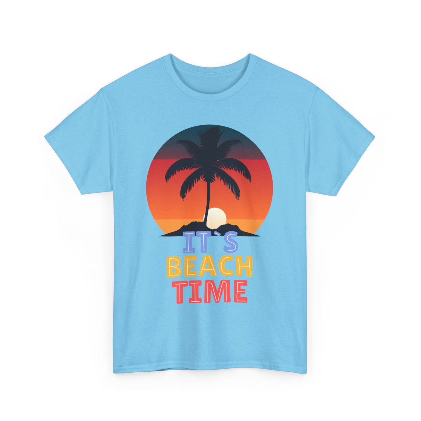 Unisex sky blue t-shirt featuring "It's Beach Time" graphic with palm tree and sunset, perfect for Summer 2025 beach trips and tropical getaways.