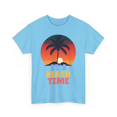 Unisex sky blue t-shirt featuring "It's Beach Time" graphic with palm tree and sunset, perfect for Summer 2025 beach trips and tropical getaways.