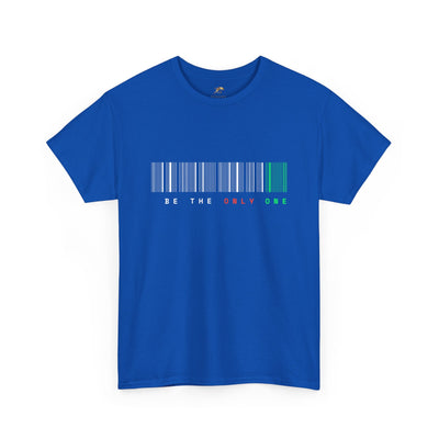 Unique "Be The Only One" barcode t-shirt in blue with a minimalist design