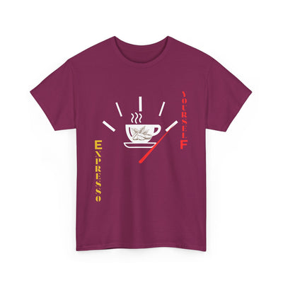 Expresso Yourself coffee T-shirt with espresso cup and fuel gauge design.