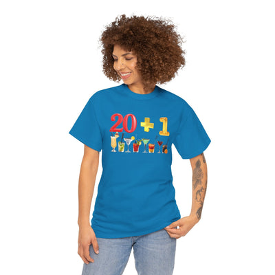 Vibrant blue 21st birthday t-shirt featuring "20 + 1" and cocktail graphics.