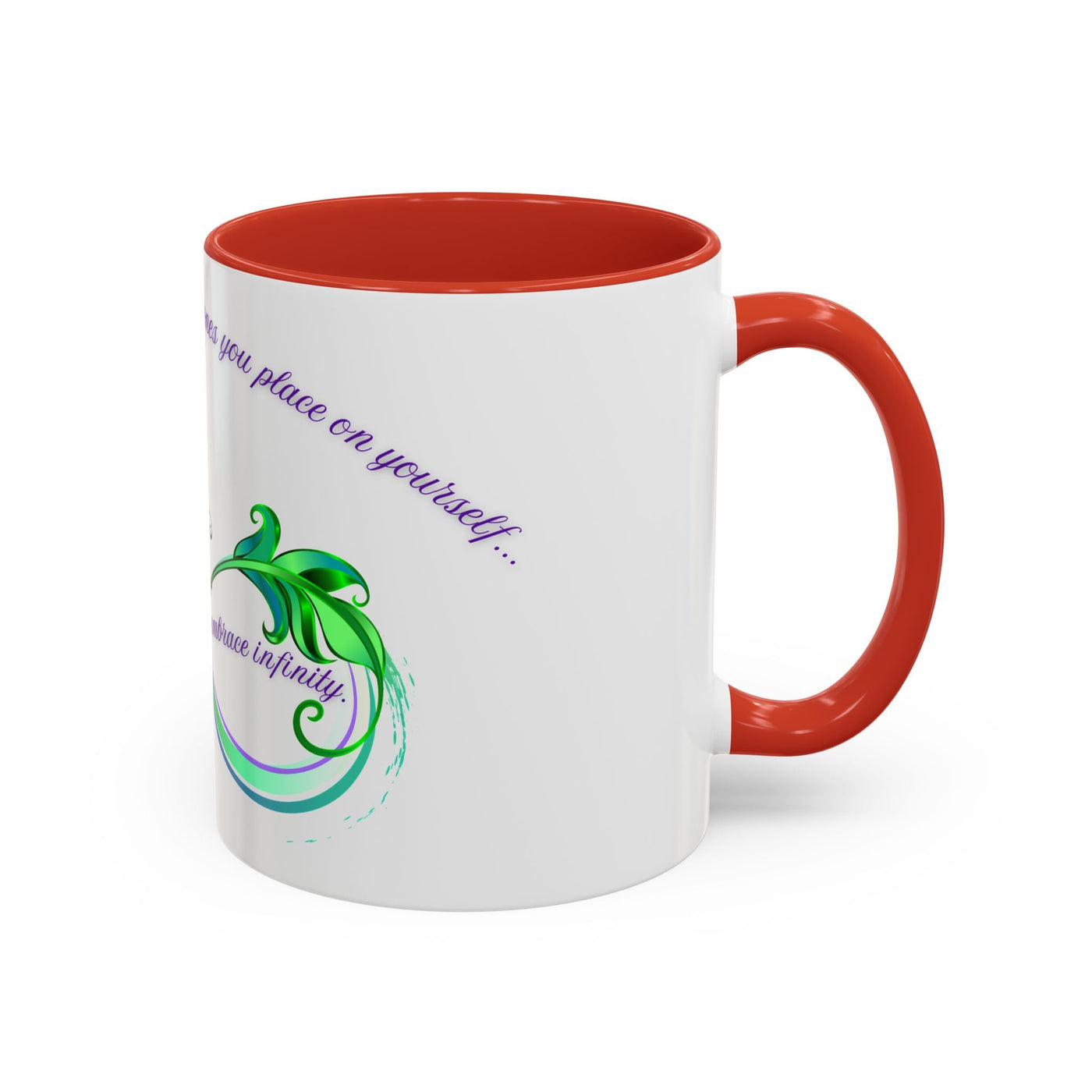 Inspirational Butterfly Coffee Mug with Embrace Infinity design, red accent, and motivational message.