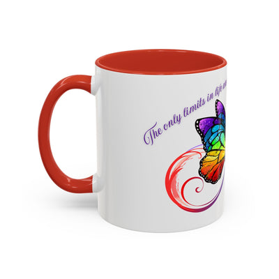 Inspirational Butterfly Coffee Mug with vibrant infinity design, red accent handle, and motivational quote.