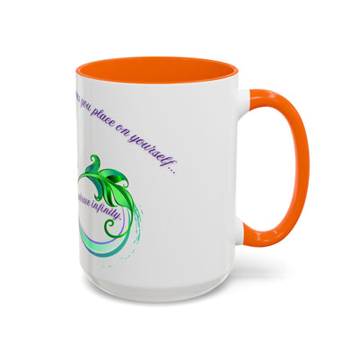Inspirational butterfly coffee mug with embrace infinity design, orange handle, and interior.