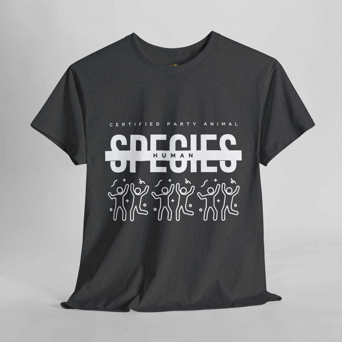 Certified Party Animal T-Shirt with "Species: Human" graphic and dancing figures, perfect for celebrations.